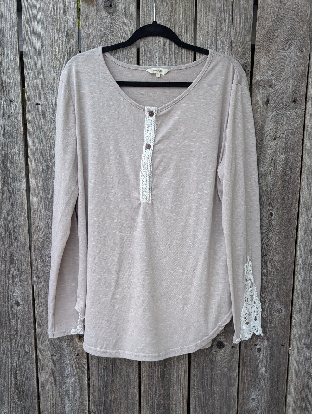 Amaryllis Cream Lace-Trim Henley Long Sleeve Top